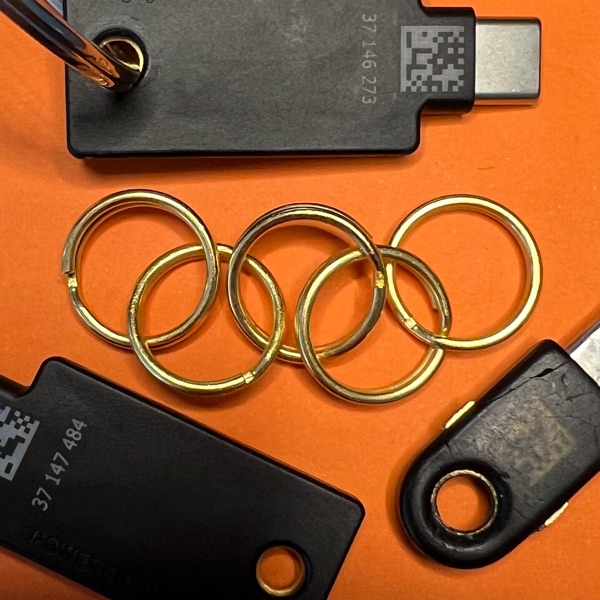 A pile of hardware security keys.